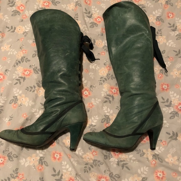 Women’s Knee-High Lace Up Kitten Heel Boots green amazing real leather - Picture 3 of 13